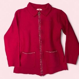 NWT Quacker Factory 100% Wool Pink Rhinestone Zip Up Sweater Size Small
